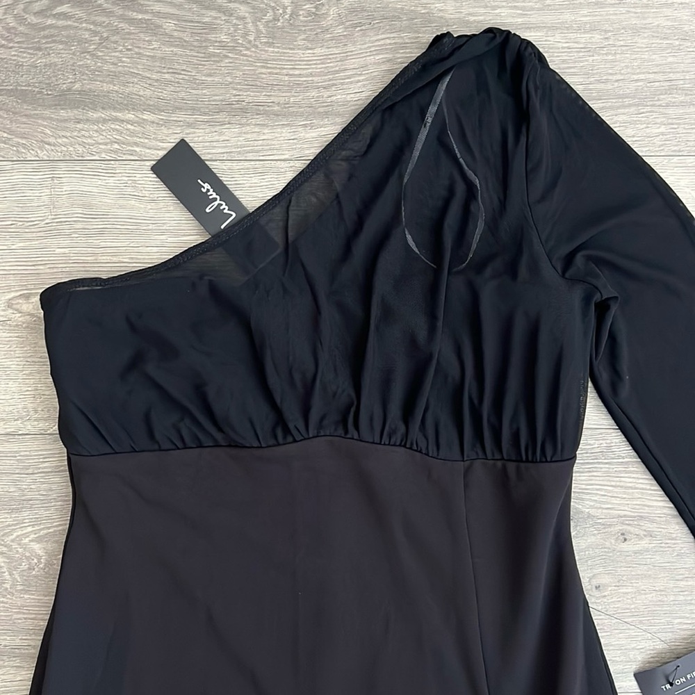 Lulus Stunning Essence One Shoulder Mermaid Maxi Dress Large Black Slit Mesh NWT - Picture 7 of 12